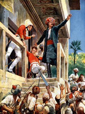 First Anglo-Afghan War 1838-1842: Alexander Burnes (1805-1841), centre, Scottish diplomat and traveller. Political Resident at Kabul from 1839,  murdered by Afghans 2 November 1841, here facing the mob with his brother (left) and Lieut Broadbent. After painting by R. Caton Woodville 