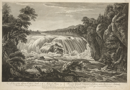A group of figures stand by a fallen tree in the foreground looking at the waterfall behind, with cliffs and trees on both banks of the Mohawk River and forests in the background