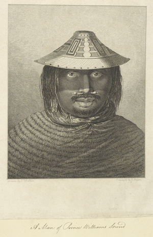 A man of Prince William's Sound. Drawn by John Webber and engraved by James Basire. Drawing of the head and shoulders of a man. He is wearing a conical shaped basketry hat (with a chin-strap) which is decorated with a geometrical design near the top and glass beads on the crest around the rim. Plaited braid pendants are attached to his hair about his ears. He wears a moustache, a short beard, and a nose-ornament beaded at each end.