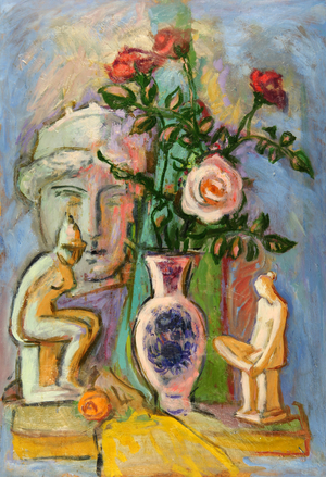 Still Life with Figurines, Vase and Roses, 1993 (oil on board)