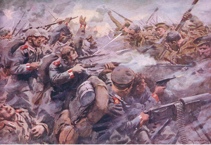 The defeat of the Prussian Guard at Zonnebeke, from History of the Great War Vol 3 published by Waverley Book Co Limited, c.1920 (colour litho)