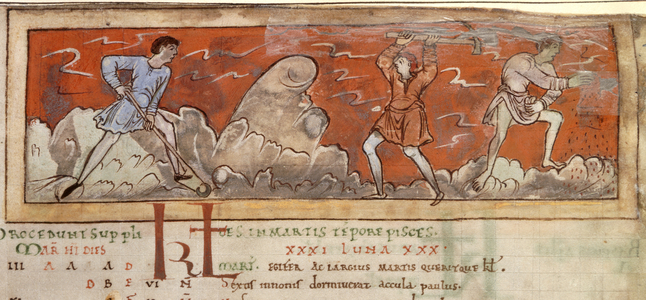 Calendar for March: Digging and Sowing, illustration from 'Anglo-Saxon Calendar' (vellum)
