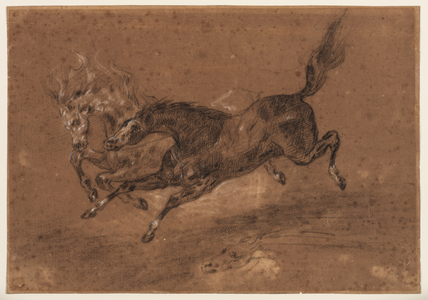 Horses running (recto); Nude bearded man, seated (verso), c.1800-1899 (black and white chalk (recto), black and white chalk and brown wash (verso), on brown-prepared laid paper)