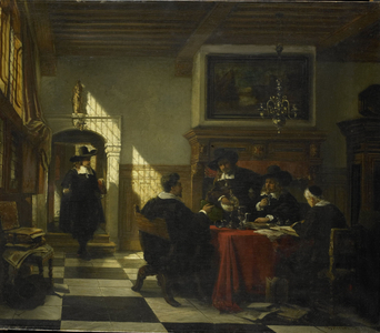 Company in 17th-century costume at a table on which a Nautilus cup, 1873 (oil on canvas)