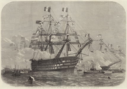 The Cherbourg Fetes, Her Majesty visiting the Emperor and Empress on Board the "Bretagne" (engraving)