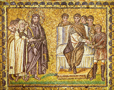 Christ before Pilate who washes his hands, high Priests and Roman soldiers, 6th century (mosaic)
