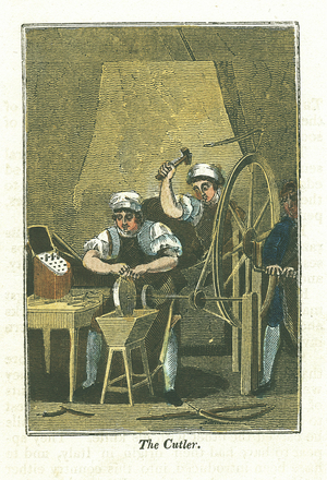 The Cutler. Knife blades are shaped at forge in background and sharpened on grindstone turned by wheel operated by boy on right. Handles would be attached and finished knives would be presented in fitted wooden box on table at left. Hand-coloured woodcut