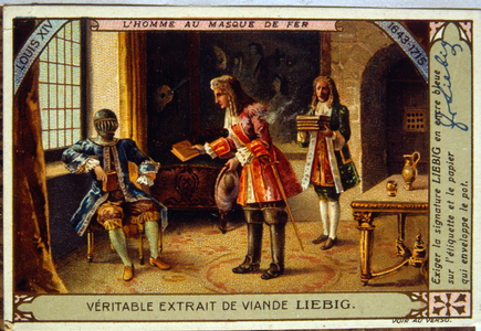 Liebig card showing The 'Man in the Iron Mask' 1900 (chromolithograph)