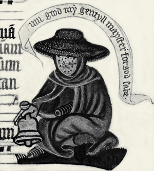 Leper woman ringing her bell, from the 'Exeter Pontifical', printed in 'British Hospitals', 1948 (print)