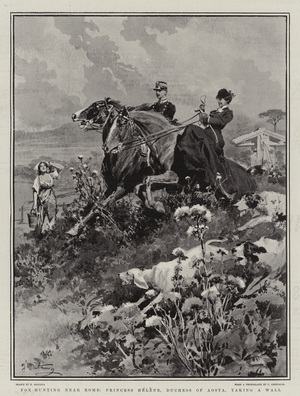 Fox-Hunting near Rome, Princess Helene, Duchess of Aosta, taking a Wall (litho)