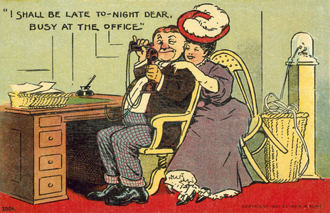 Man flirting with his secretary (colour litho)