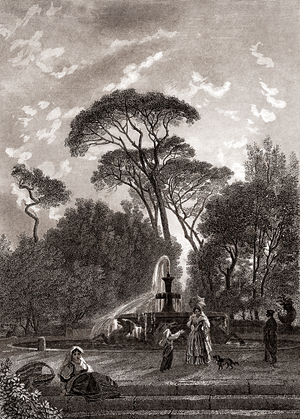 Pines and fountain in the park of Villa Borghese, Rome, 19th century (Engraving)
