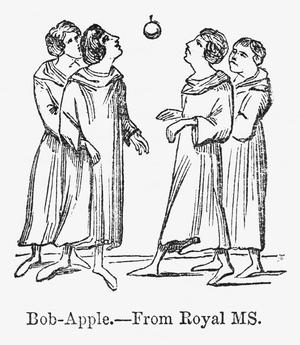 Small Group of Men Bobbing for an Apple, illustration from 'The Illustrated History of England, Vol. I', by John Cassell, 1857 (litho)