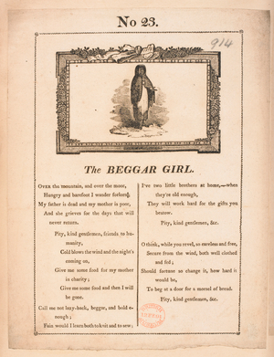 A girl in a cloak begging