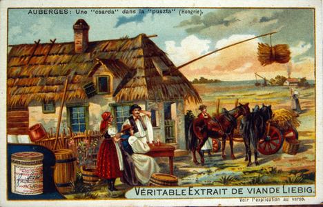 Liebig card showing a Hungarian peasant farm with cottage and horses, 1900 (lithograph)