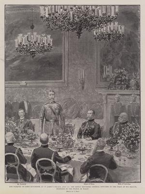 The Banquet to Lord Kitchener at St James's Palace, 12 July, the Newly Returned General replying to the Toast of his Health (litho)