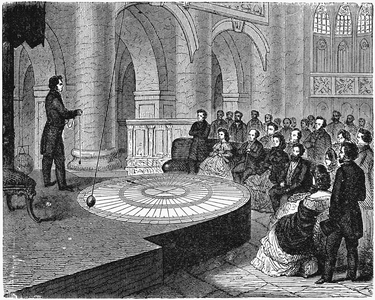 Repeat of Foucault's demonstration of the Earth's rotation made at the Polytechnic Institution, London in May 1851 by Dr Bachhoffner. Leon Foucault (1819-1861) French physicist. Engraving c1890.