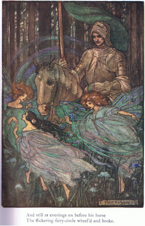 And still at evenings on before his horse (Guinevere) (colour litho)