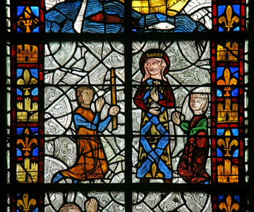 Window n1 depicting Saint Radegonde: A cure at the saint's tomb; from gout? (Probably not the traditional Goda's cure) (stained glass)