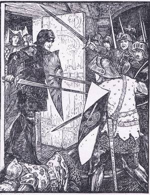 Lancelot comes out of Guenevere's room, illustration from 'The Book of Romance' published by Longmans Green and Co, 1919 (litho)