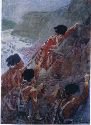 Wolfe's army scaling the cliffs at Quebec 1759, c.1920 (colour litho)