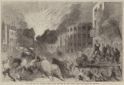The Fire at the Camden Town Goods Station of the London and North-Western Railway (engraving)