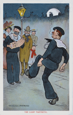 Sailors playing a concertina and dancing a jig beneath a streetlamp (colour litho)