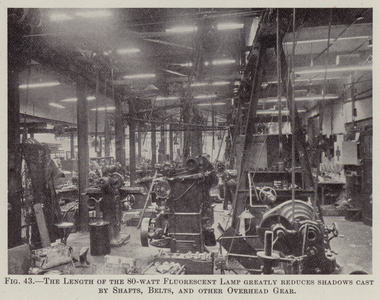 The length of the 80-watt fluorescent lamp greatly reduces shadows cast by shafts, belts, and other overhead gear (b/w photo)