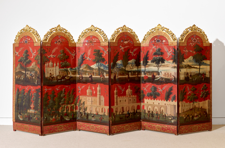 Biombo with Views of Mexico City (oil on red maki-e lacquer on panel, with gilt wood mounts & linen backing)