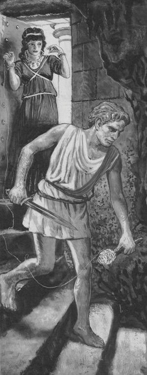 Theseus entering the labyrinth, unrolling a ball of string (litho)