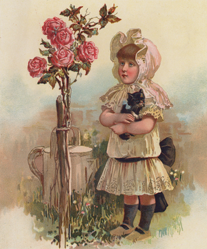 Girl with a cat and a rose tree (chromolitho)