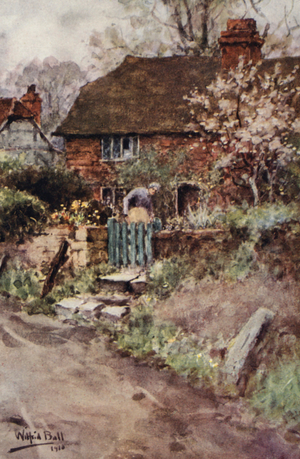 Widow Teape at her Garden Hatch (colour litho)