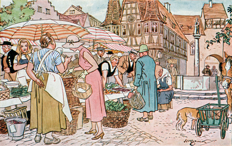 Auf dem Markt (at the market) (colour litho)