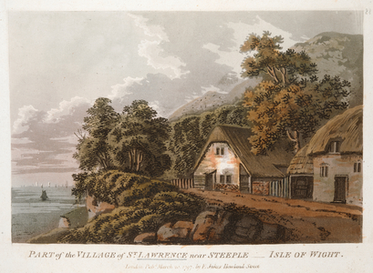 Cottages on the right; a road in front; rocks in the foreground; ships on the sea to the left; trees and hills behind