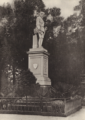 Santiago, Chile: Santa Lucia Hill, Statue of Pedro de Valdivia, founder of Santiago, 2 February 1541 (b/w photo)