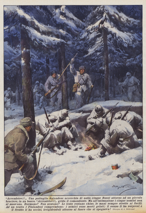 Surrender! A Finnish patrol encircles five Russians at night around a small brazier, in a forest (colour litho)