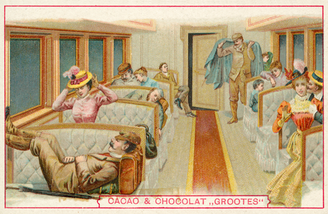 Passengers in a railway carriage (chromolitho)