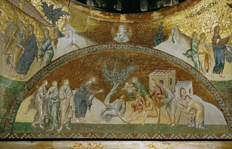 The sick and disabled from a village come to meet Jesus and be healed (fresco)
