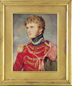 A portrait miniature of an officer, probably the Aide-de-Camp to a general officer, or a Military Secretary, wearing red coatee with epaulettes, a cape over his shoulder (w/c on ivory)