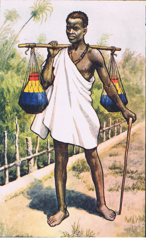 Uganda: A native carrying milk, from MacMillan school posters, c.1950-60s (colour litho)
