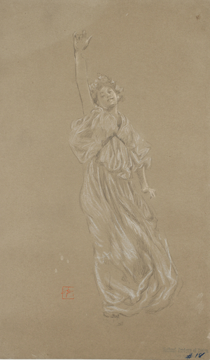 Study of standing draped female figure, for 'Moods to Music' mural (black & white chalk on paper)