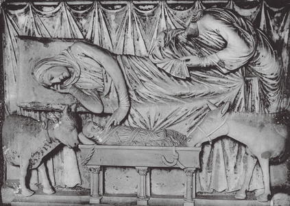 Cathedrale de Chartres: Nativite de Jesus XIIIe siecle, Fragment de Jube (b/w photo)