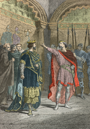 Adalbert comte de la marche defie Hugues Capet qui t'a fait roi (Engraving)