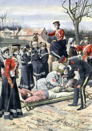 training of voluntary ambulance drivers and nurses in England , lastpage of newspaper Petit Journal march 28, 1909