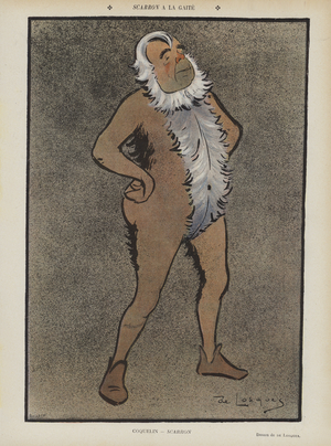 French actor Benoit-Constant Coquelin in Scarron at the Theatre de la Gaite. Illustration for Le Rire (colour litho)