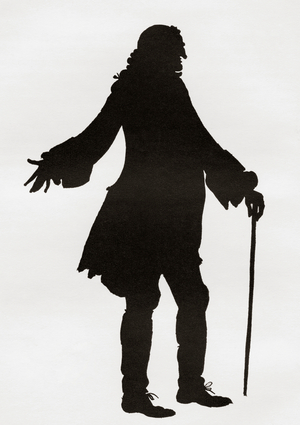 A paper cutting or silhouette of Henry Fielding by Hugh Thomson. Henry Fielding, 1707-1754. English novelist and dramatist. From A Bookman's Budget, published 1917 (paper cutting)