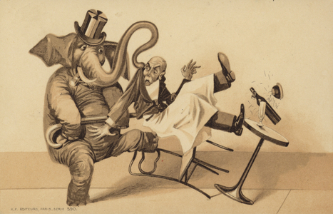 Waiter serves an elephant (colour litho)