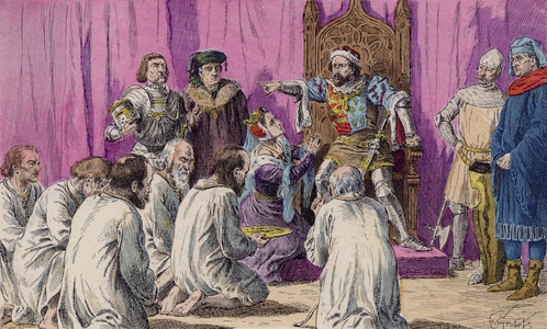The Burghers of Calais and King Edward III of England in 1347 (colour litho)