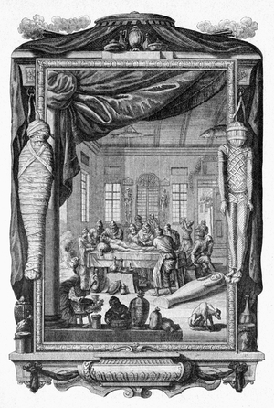Embalming a mummy, 1732 (engraving)