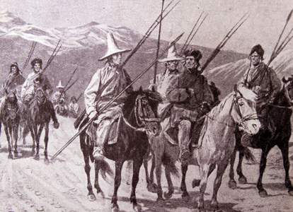 Engraving depicting Tibetan horsemen on native ponies, armed with spears and guns